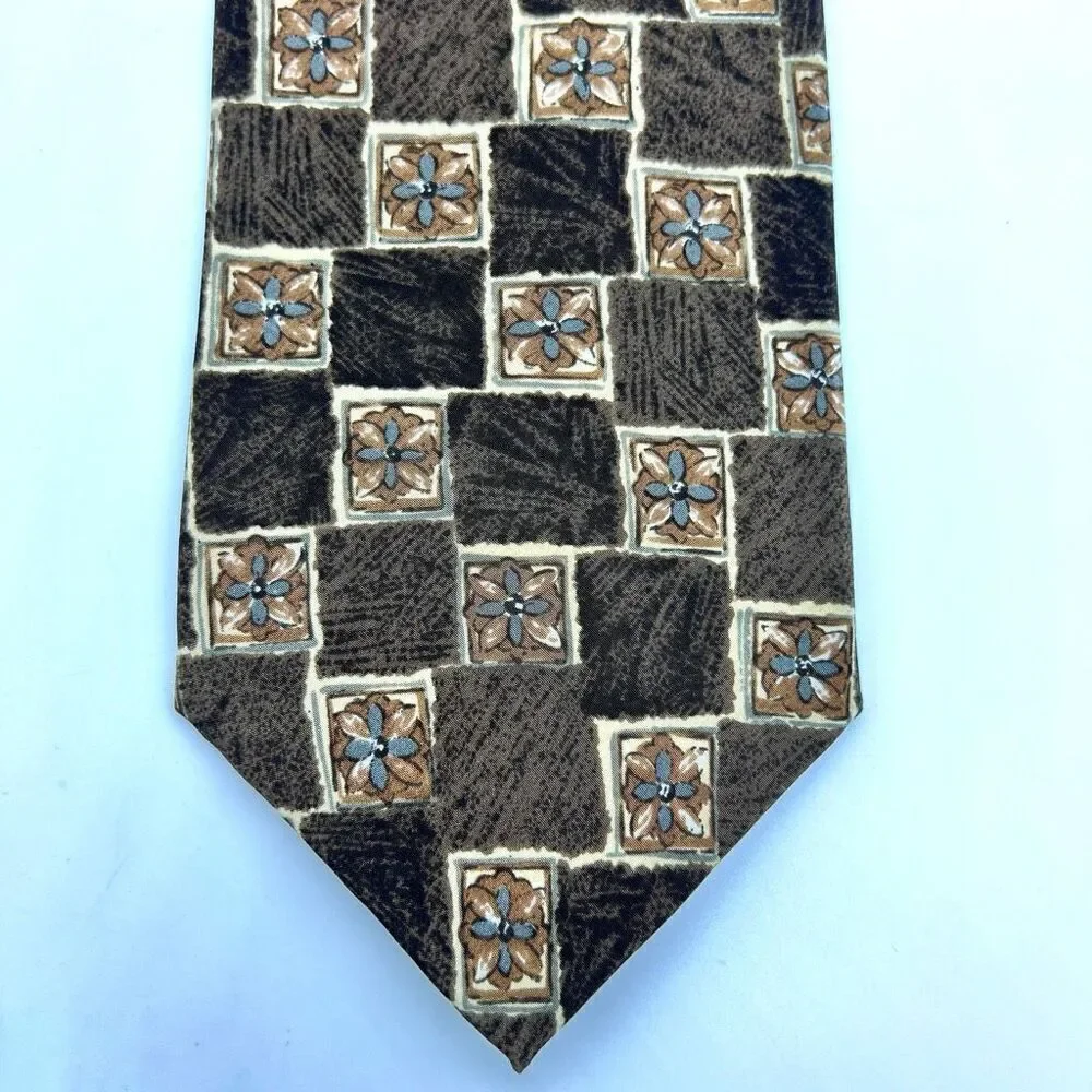 Pierre Cardin All Silk Tie Brown Blue Floral Check Pattern Made in USA